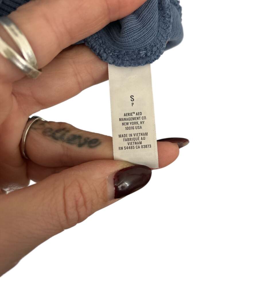 AERIE Hoodie Womens Small Cropped Pullover Ribbed Blue Sweatshirt - Picture 4 of 4